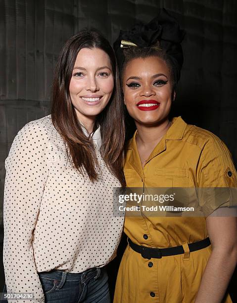 Jessica Biel and Andra Day attend a Celebration of MERU Screening And Reception at RED Studios on December 16, 2015 in Los Angeles, California.