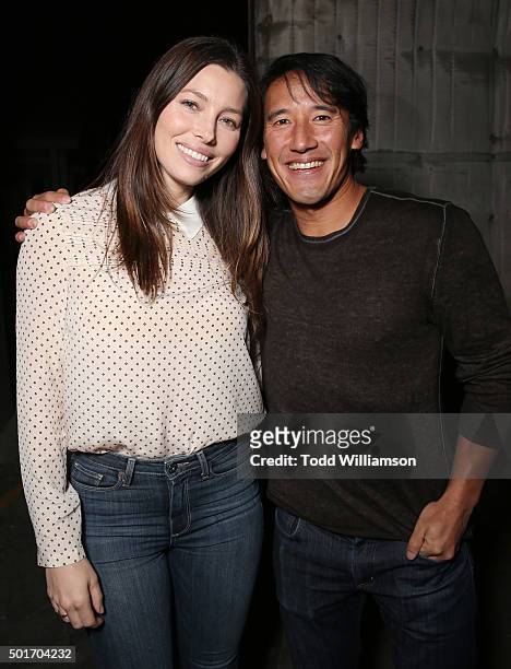 Jessica Biel and Jimmy Chin attend a Celebration of MERU Screening And Reception at RED Studios on December 16, 2015 in Los Angeles, California.