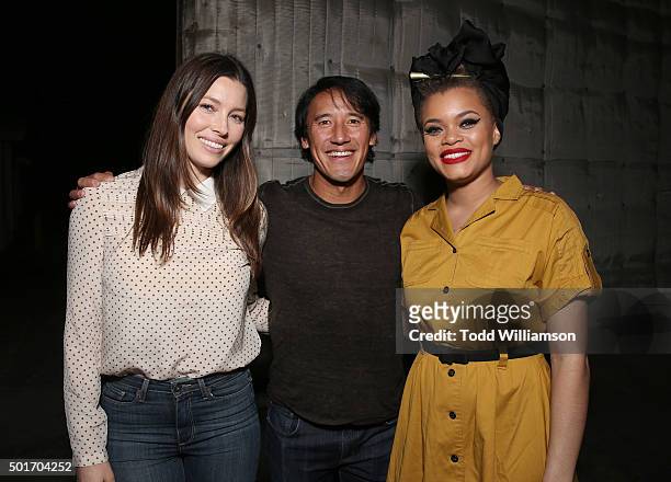 Jessica Biel, Jimmy Chin and Andra Day attend a Celebration of MERU Screening And Reception at RED Studios on December 16, 2015 in Los Angeles,...