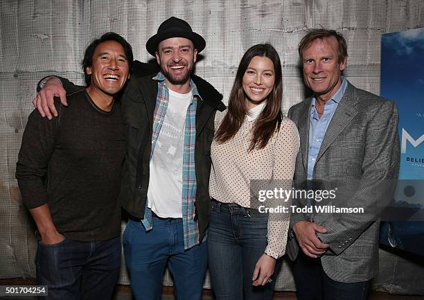 Jimmy Chin, Justin Timberlake, Jessica Biel and Conrad Anker attend a Celebration of MERU Screening And Reception at RED Studios on December 16, 2015...