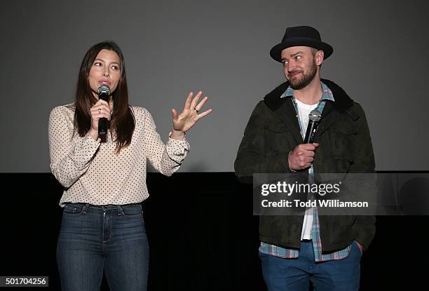 Jessica Biel and Justin Timberlake introduce the film MERU at a screening and reception at RED Studios on December 16, 2015 in Los Angeles,...