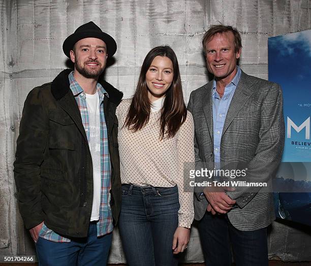 Justin Timberlake, Jessica Biel and Conrad Anker attend a Celebration of MERU Screening And Reception at RED Studios on December 16, 2015 in Los...