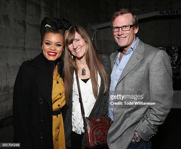 Andra Day, Jennifer Lowe-Anker and Conrad Anker attend a Celebration of MERU Screening And Reception at RED Studios on December 16, 2015 in Los...