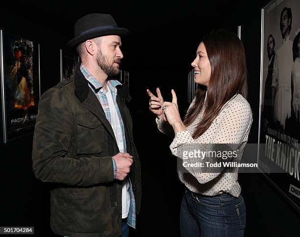 Justin Timberlake and Jessica Biel attend a Celebration of MERU Screening And Reception at RED Studios on December 16, 2015 in Los Angeles,...