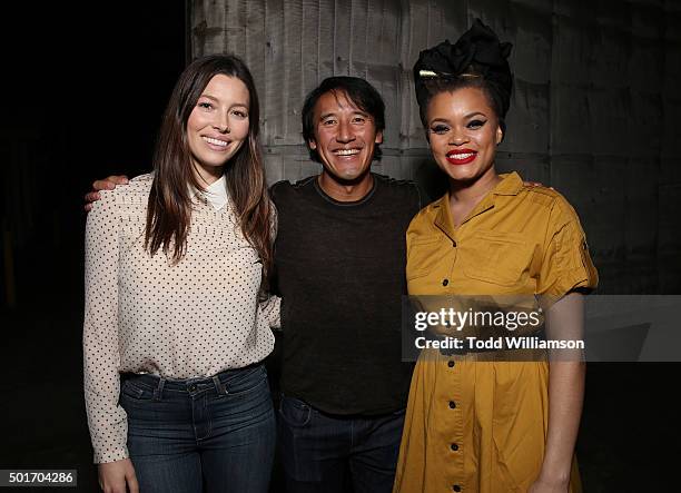 Jessica Biel, Jimmy Chin and Andra Day attend a Celebration of MERU Screening And Reception at RED Studios on December 16, 2015 in Los Angeles,...