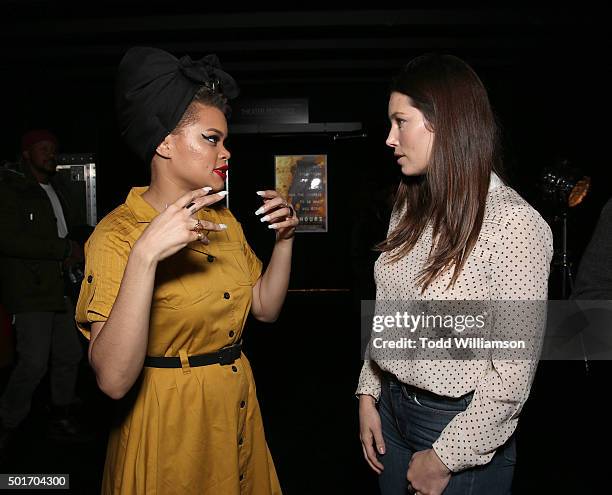 Andra Day and Jessica Biel attend a Celebration of MERU Screening And Reception at RED Studios on December 16, 2015 in Los Angeles, California.