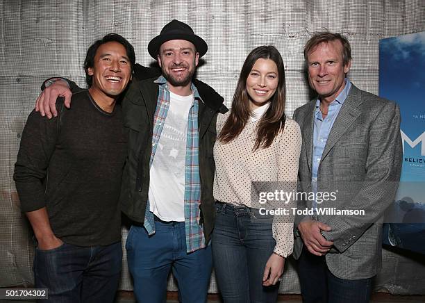 Jimmy Chin, Justin Timberlake, Jessica Biel and Conrad Anker attend a Celebration of MERU Screening And Reception at RED Studios on December 16, 2015...