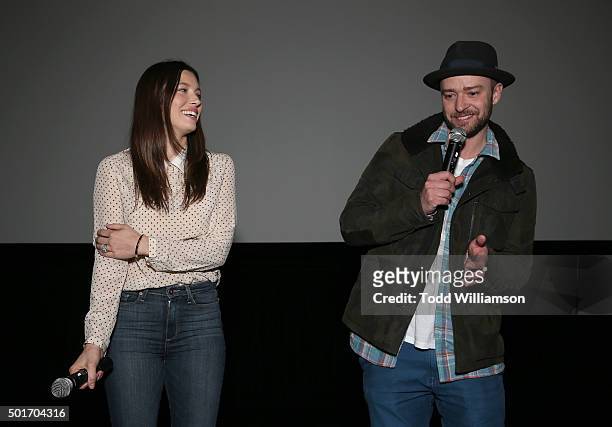Jessica Biel and Justin Timberlake introduce the film MERU at a screening and reception at RED Studios on December 16, 2015 in Los Angeles,...