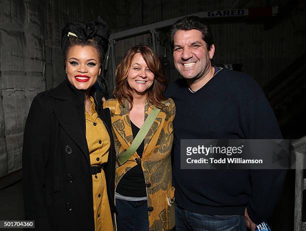 Andra Day, Tracy Mcknight and Jeffery Evans attend a Celebration of MERU Screening And Reception at RED Studios on December 16, 2015 in Los Angeles,...