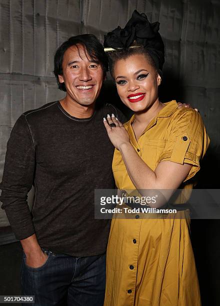 Jimmy Chin and Andra Day attend a Celebration of MERU Screening And Reception at RED Studios on December 16, 2015 in Los Angeles, California.