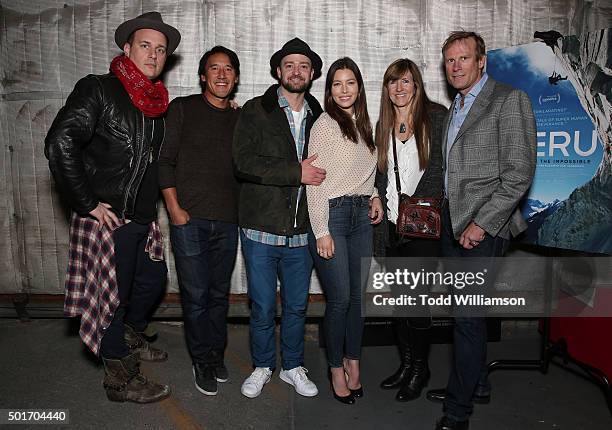 Ralph, Jimmy Chin, Justin Timberlake, Jessica Biel, Jennifer Lowe-Anker and Conrad Anker attend a Celebration of MERU Screening And Reception at RED...