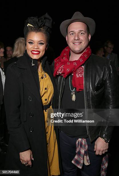 Andra Day and Composer J. Ralph attend a Celebration of MERU Screening And Reception at RED Studios on December 16, 2015 in Los Angeles, California.