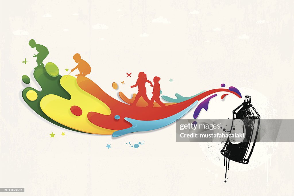 Grafite colorido com tinta splatters e crianças silhuetas