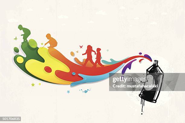 colourful graffiti with paint splatters and children silhouettes - children painting stock illustrations