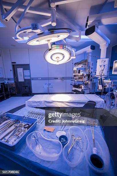 surgical tools laid out ready to use in operating theatre - operating room bildbanksfoton och bilder