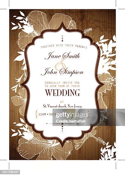 ilustraciones, imágenes clip art, dibujos animados e iconos de stock de invitación de boda en madera rústica - rústico