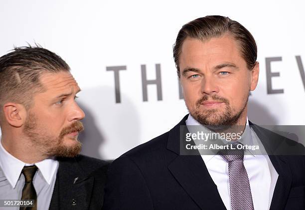 Actors Tom Hardy and Leonardo DiCaprio arrive for the premiere of 20th Century Fox And Regency Enterprises' "The Revenant" held at TCL Chinese...