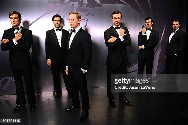 Wax figures of actors Sean Connery, Pierce Brosnan, Daniel Craig, Roger Moore, George Lazenby and Timothy Dalton as the character James Bond are...