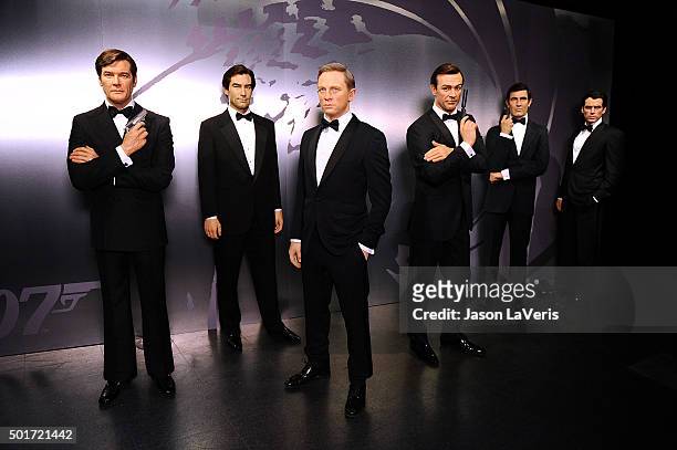 Wax figures of actors Sean Connery, Pierce Brosnan, Daniel Craig, Roger Moore, George Lazenby and Timothy Dalton as the character James Bond are...