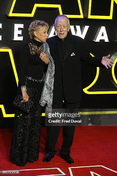 Max Von Sydow and Catherine Brelet attend the European Premiere of "Star Wars" The Force Awakens at Leicester Square on December 16, 2015 in London,...