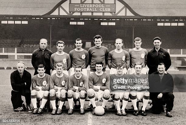 Team group photograph of Liverpool Football Club, circa 1964. Back row, left to righ: Reuben Bennett, Gordon Milne, Gerry Byrne, Tommy Lawrence,...
