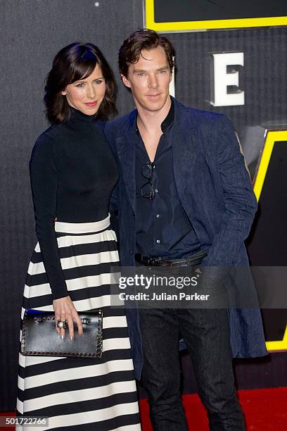 Benedict Cumberbatch and Sophie Hunter , attend the European Premiere of 'Star Wars: The Force Awakens' at Leicester Square on December 16, 2015 in...