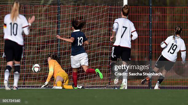 Marie Mueller of Germany scores her team's second goal during the U17 girl's international friendly match between Germany and France on December 17,...