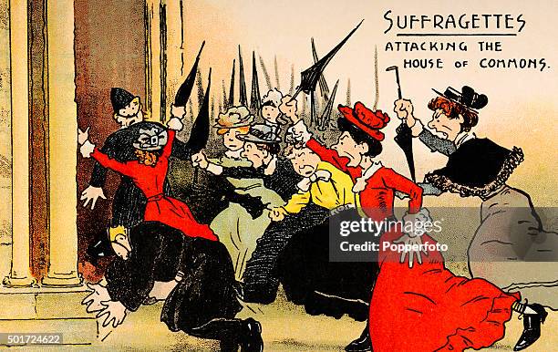 Vintage postcard illustration featuring a mob of militant suffragettes, many carrying umbrellas, attacking the House of Commons in London, circa 1907.