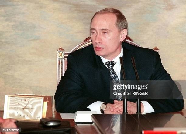 Russian acting President and Prime Minister Vladimir Putin speaks during a Security Council meeting in the Kremlin 31 December 1999. In a television...