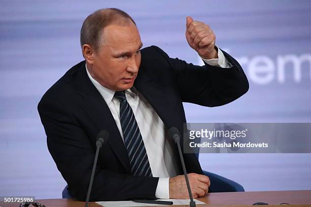 Russian President Vladimir Putin speaks during his annual press conference on December 17, 2015 in Moscow, Russia. During the conference, the Russian...