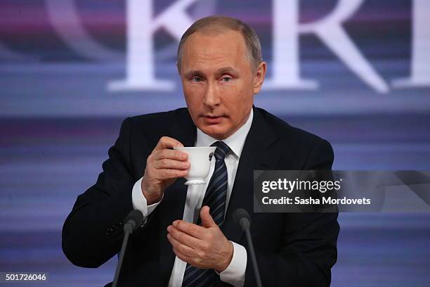 Russian President Vladimir Putin speaks during his annual press conference on December 17, 2015 in Moscow, Russia. During the conference, the Russian...