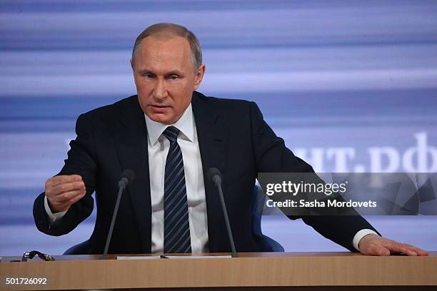 Russian President Vladimir Putin speaks during his annual press conference on December 17, 2015 in Moscow, Russia. During the conference, the Russian...