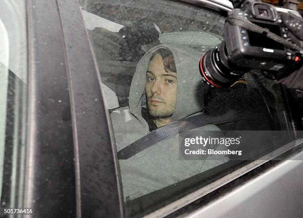 Martin Shkreli, chief executive officer of Turing Pharmaceuticals LLC, exits federal court in New York, U.S., on Thursday, Dec. 17, 2015. Shkreli was...