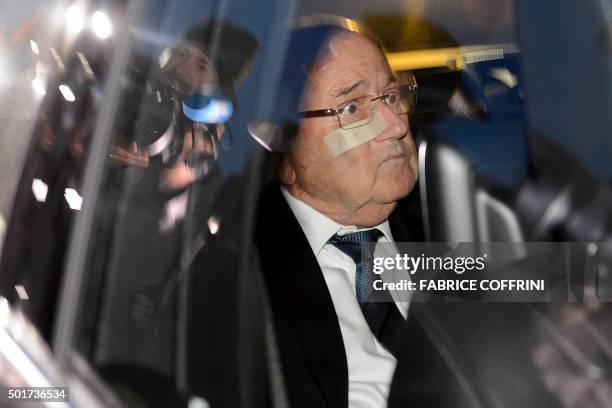 Suspended FIFA president Sepp Blatter leaves after a hearing at the FIFA headquarters on December 17, 2015 in Zurich. Suspended Blatter appeared...