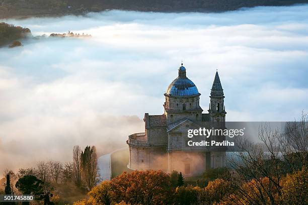 san biagio before sunset, foggy landscape, montepulciano, tuscany,italy - montepulciano stock pictures, royalty-free photos & images