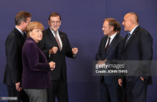 British Prime minister David Cameron, German Chancellor Angela Merkel, Spanish Prime Minister Mariano Rajoy talk with European Council President...
