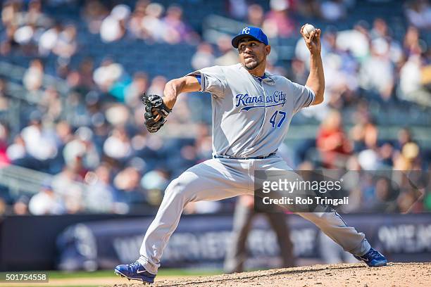 Franklin Morales of the Kansas City Royals pitches during the game against the New York Yankees at Yankee Stadium on Wednesday, May 27, 2015 in the...