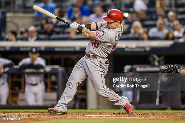 Kole Calhoun of the Los Angeles Angels bats during the game against the New York Yankees at Yankee Stadium on Friday, June 5, 2015 in the Bronx...