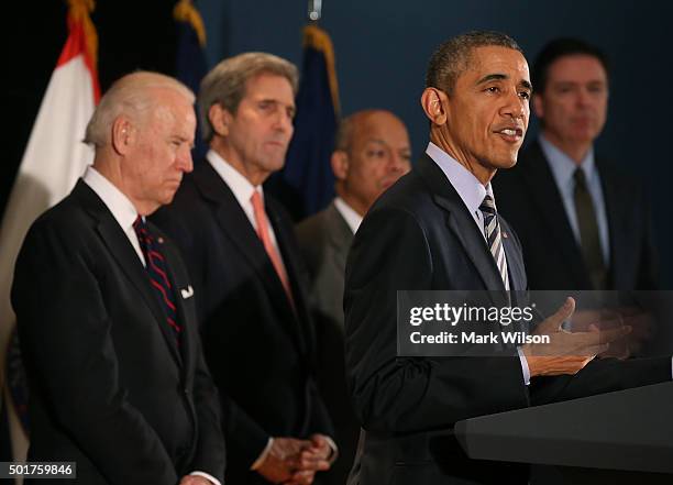 President Barack Obama speaks after a national security team meeting at the National Counterterrorism Center December 17, 2015 in McLean, Virginia....