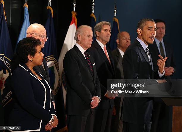 President Barack Obama speaks after a national security team meeting at the National Counterterrorism Center December 17, 2015 in McLean, Virginia....