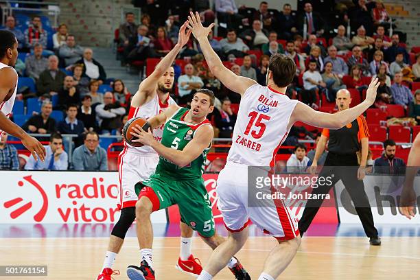Fabien Causeur, #5 of Laboral Kutxa Vitoria Gasteiz competes with Miro Bilan, #15 of Cedevita Zagreb in action during the Turkish Airlines Euroleague...