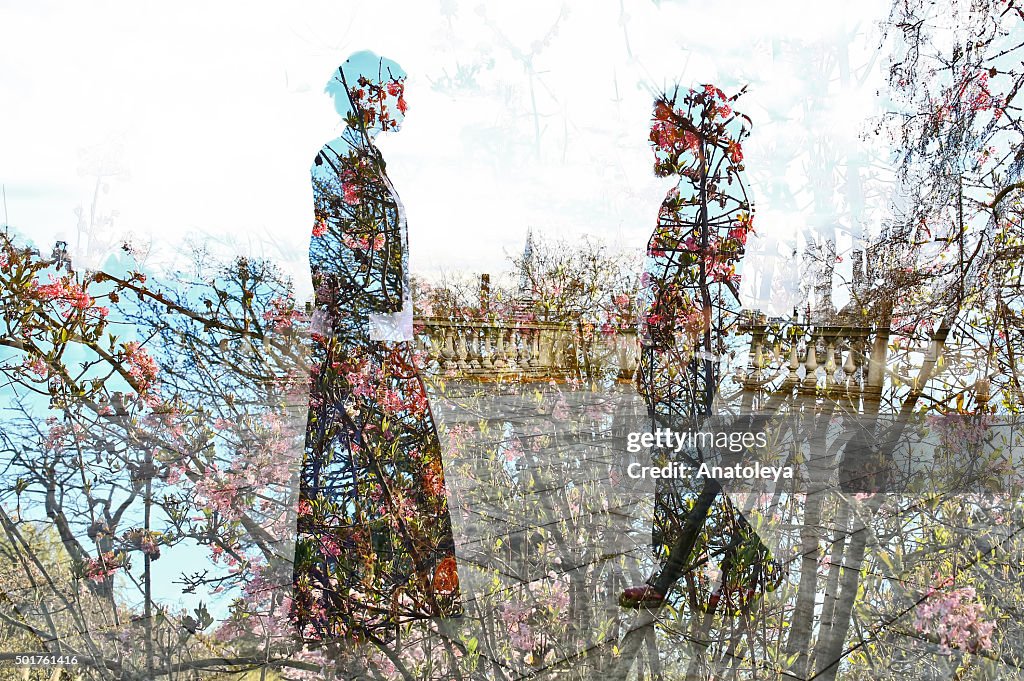 Multiple exposure of man, woman and flowers