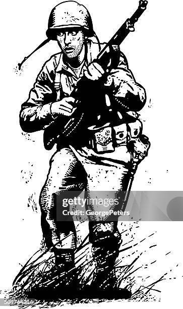 ilustraciones, imágenes clip art, dibujos animados e iconos de stock de us army soldier de infantería en contra. aislado en blanco. - vietnam