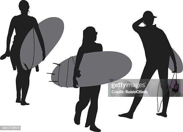 young women carrying surfboards - surfer girl stock illustrations