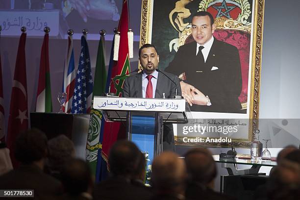 Libyas Tripoli-based General National Congress representative Salih el-Mahzum delivers a speech during the signing ceremony of the "Libyan Political...