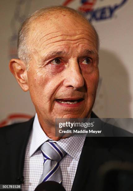 Jeremy Jacobs, owner of the Boston Bruins, talks with the media before the U.S. Hockey Hall of Fame Induction ceremony at Renaissance Boston...