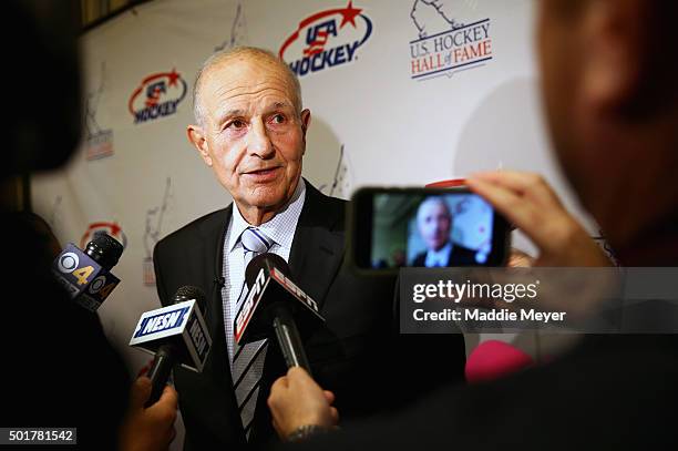 Jeremy Jacobs, owner of the Boston Bruins, talks with the media before the U.S. Hockey Hall of Fame Induction ceremony at Renaissance Boston...