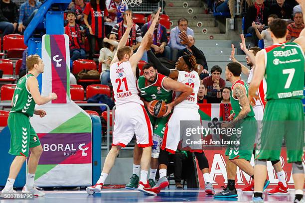 Ioannis Bourousis, #9 of Laboral Kutxa Vitoria Gasteiz competes with Henry Walker, #12 of Cedevita Zagreb during the Turkish Airlines Euroleague...