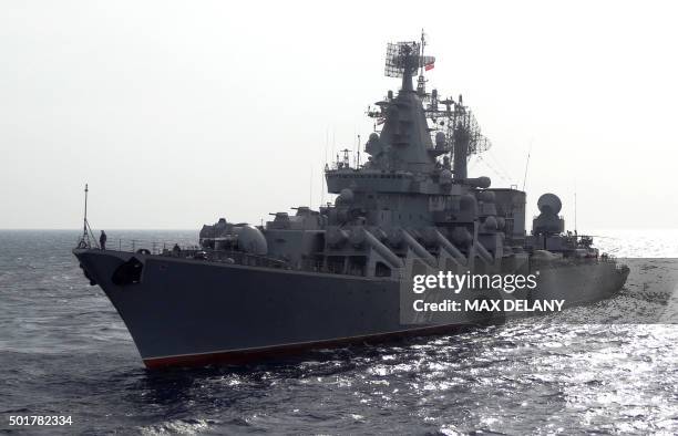 The Russian missile cruiser Moskva patrols in the Mediterranean Sea, off the coast of Syria, on December 17, 2015. - Russia began its air war in...