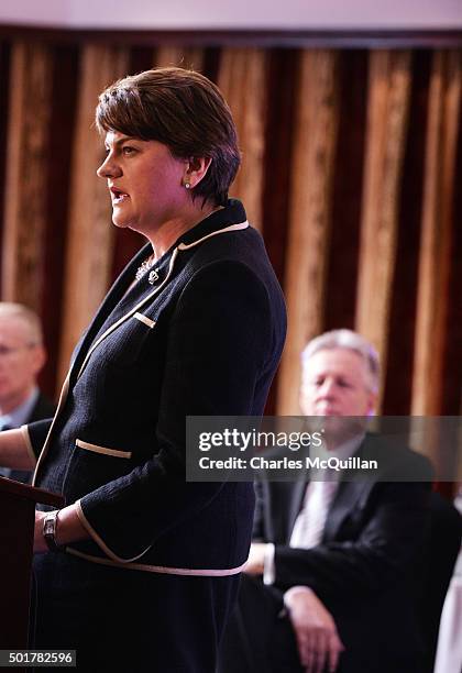 The new DUP leader Arlene Foster addresses the media and party colleagues watched by Peter Robinson at the Park Avenue hotel after the Democratic...